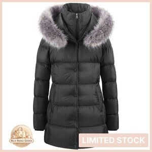 Long Puffer Coat Removable Faux Fur Hood Elegant Chic Winter Snow Jacket